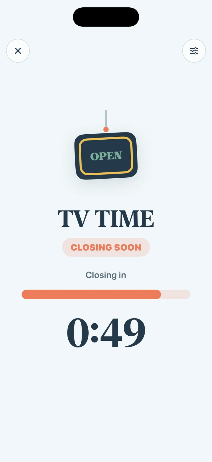 Closing Time in the real app, showing the TV-time countdown before it closes.