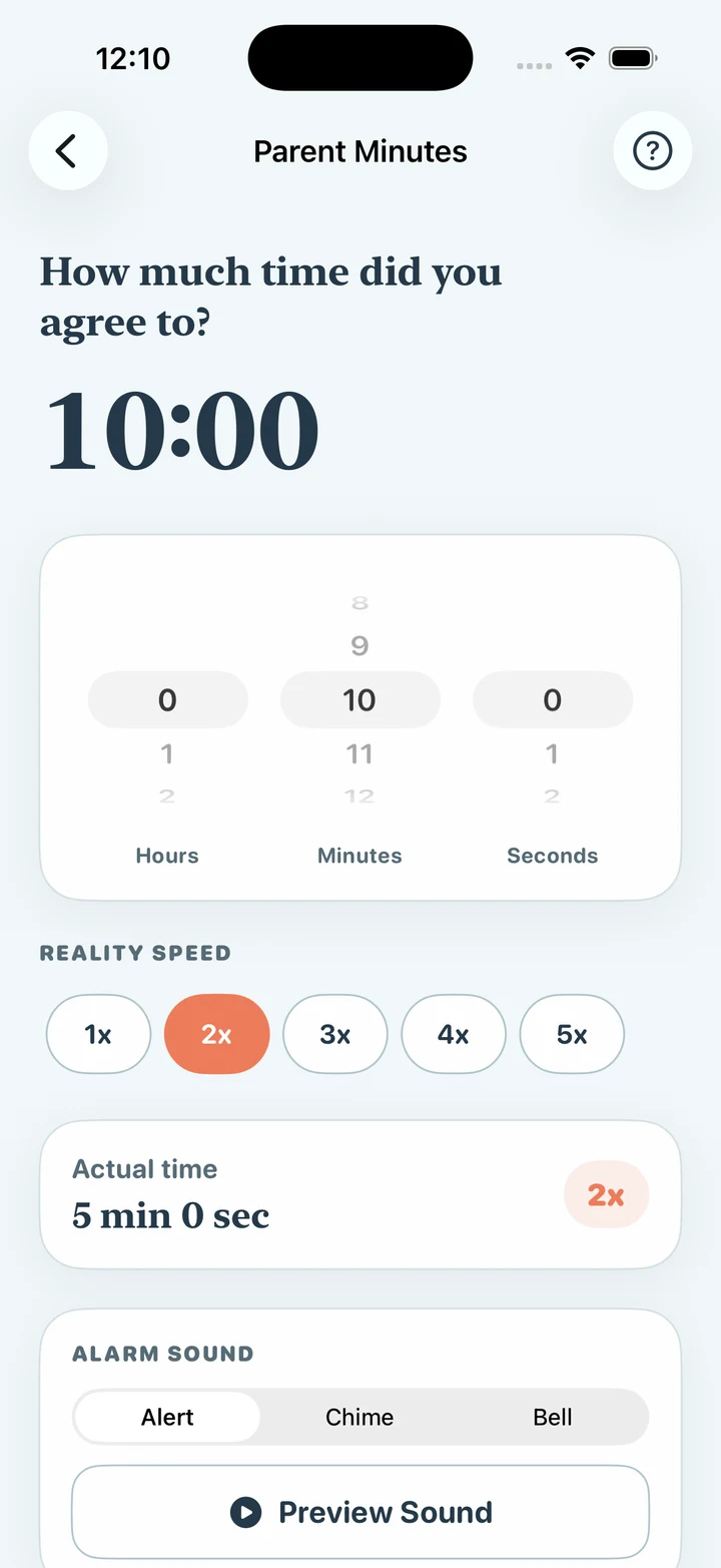 Parent Minutes setup: 10:00 selected, 2× Reality Speed highlighted, and Actual time showing 5 min 0 sec.